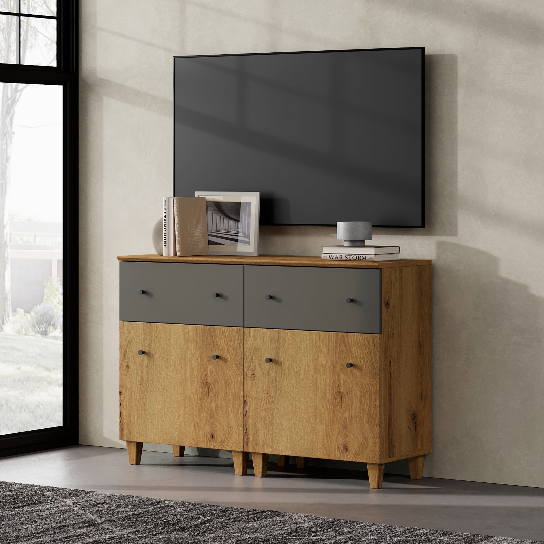 WAMPAT TV Stand Cabinets for 55 Inch Flat Screen, 2-in-1 Modern Highboy Wooden Entertainment Center with 2 Drawers and Shelves, Oak Brown