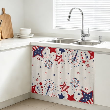 Cabinet Curtains 11 W x 13 L Red Blue Star 4th of July Sink Skirt for Bathroom Kitchen Self Adhesive Independence Day Fireworks Rustic Desk Privacy Short Curtain for Pantry Storage Coffee Bar