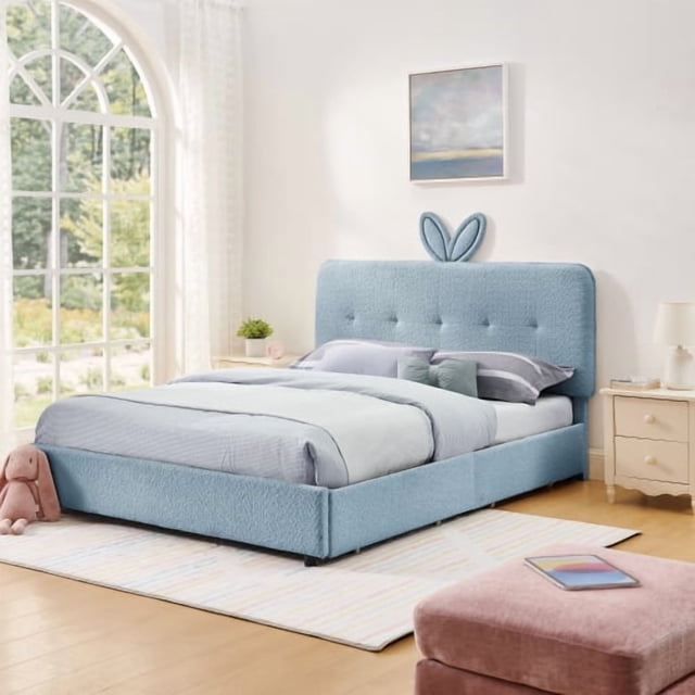 Cama infantil de tamaño king con respaldo en forma de oreja de conejo, luz LED y 4 cajones de almacenamiento, tejido aleteado (84,5''X62,75''X41'')
