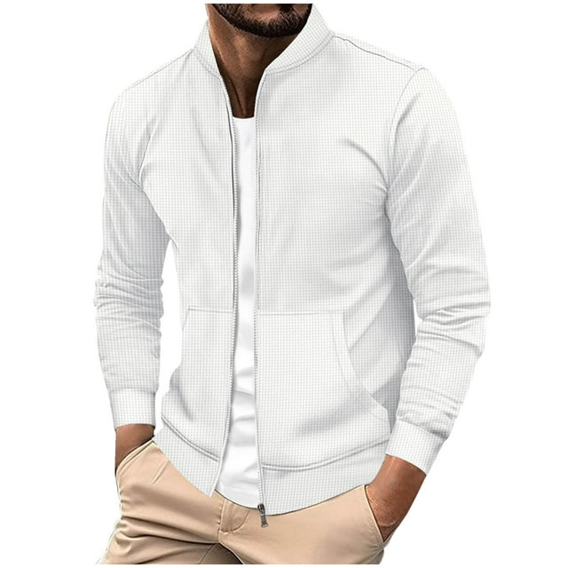 aohooy Track Jacket for Men Athletic Workout Lightweight Windproof Jacket Casual Spring Fall Windbreaker Bomber Zip Up Golf Coat White,L
