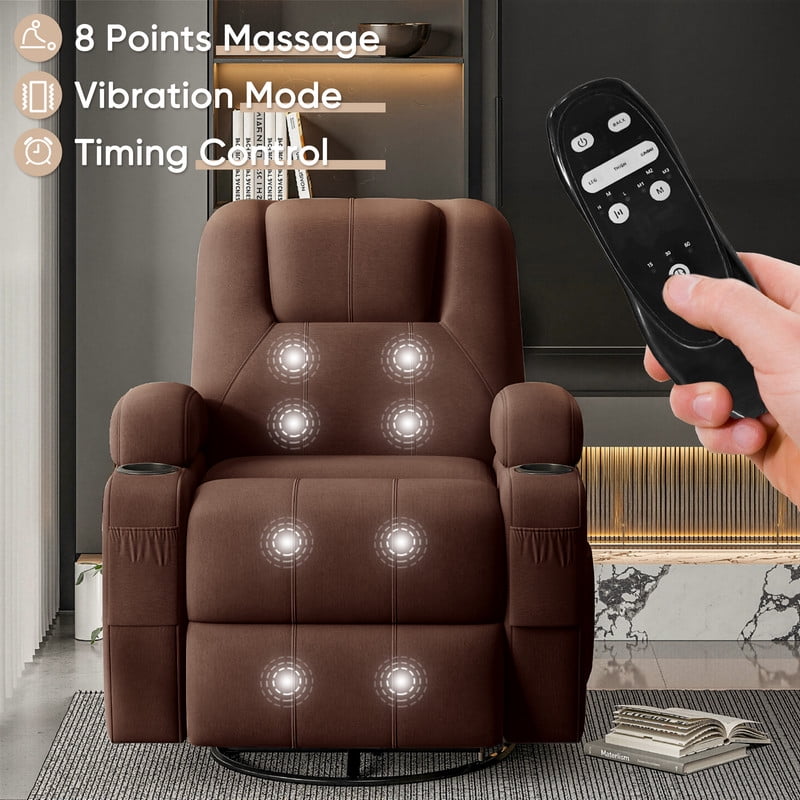 Vineego 360° Swivel Recliner Oversized Massage Rocking Chair Nursery Chair Power Living Room Furniture With Two Cup Holder,Brown