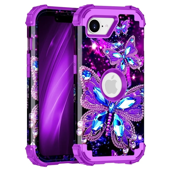 Casetego for iPhone 16e Case,iPhone 17e Case,Glow In The Dark Cute Fashion Blue Crystal Butterfly,Heavy Duty Shockproof Protective Stylish Phone Case For Women Girls Gifts,Purple Butterfly