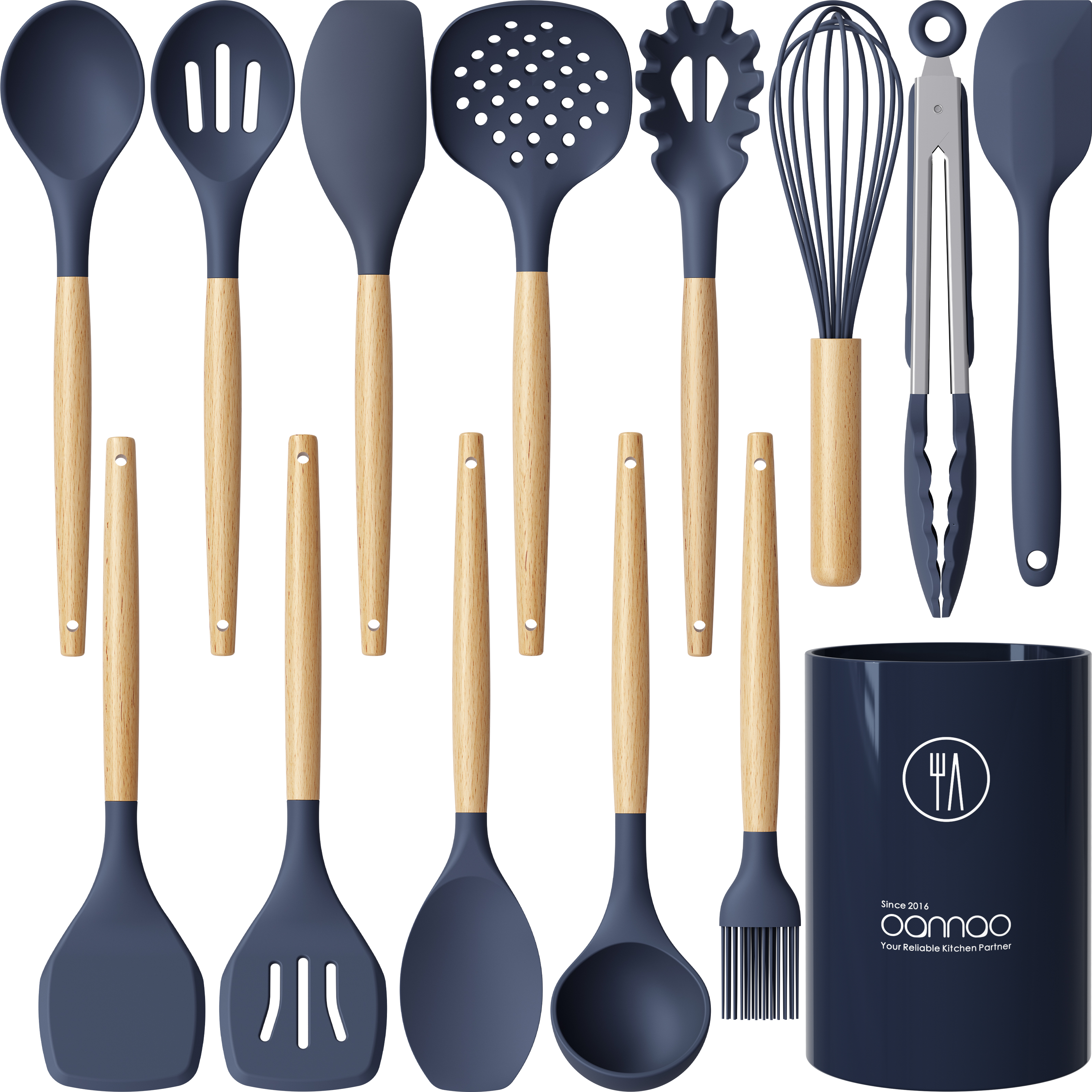 oannao 14-Piece Silicone Utensil Set with Wooden Handles, Navy