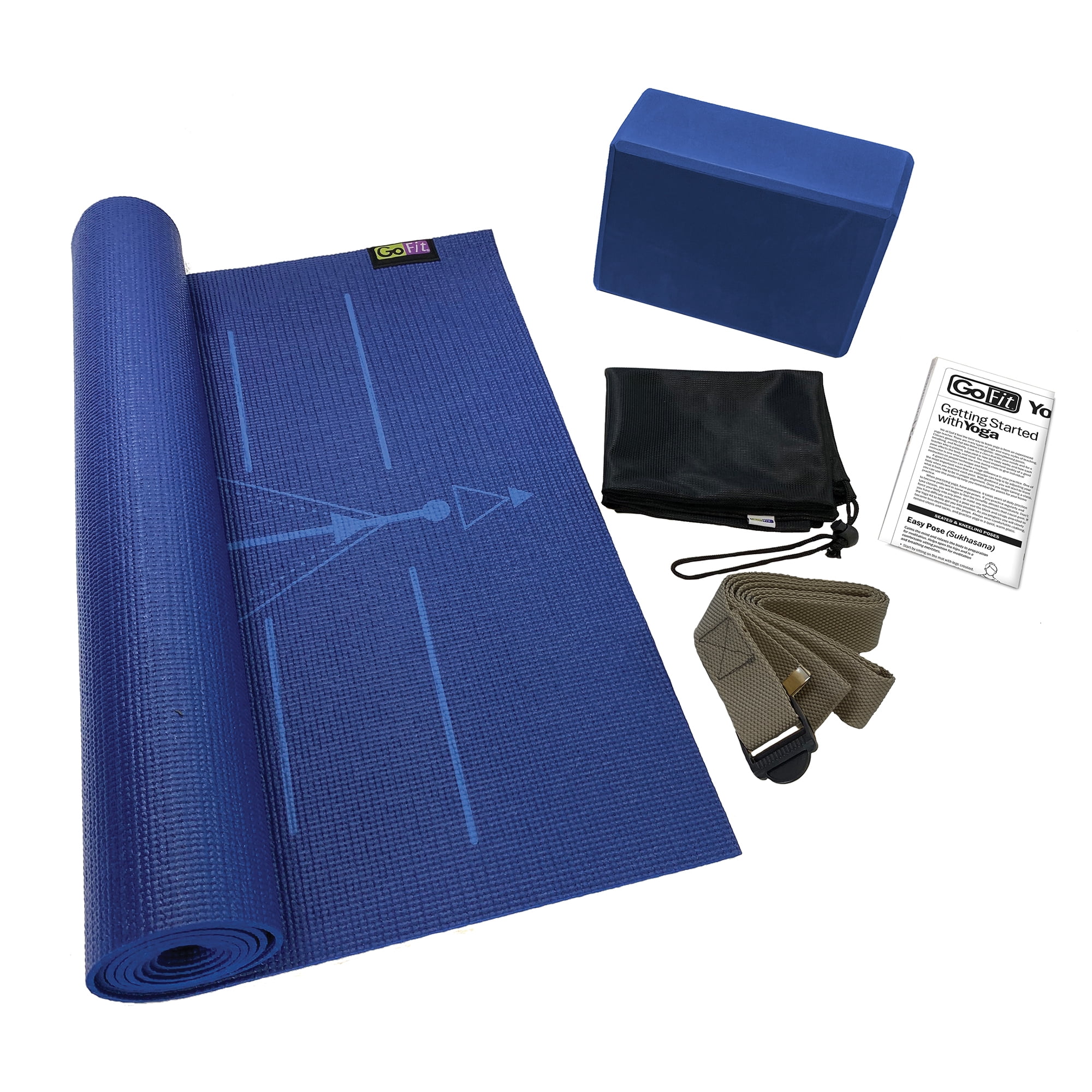 GoFit Yoga Mat Kit 24x68 Inch with Foam Block, Strap, Chart and Carrying Bag, Blue