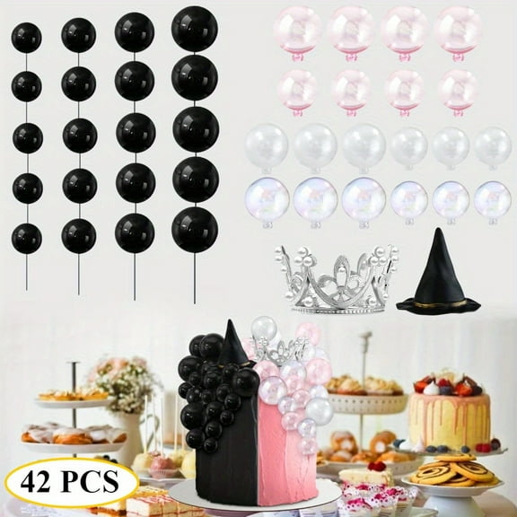 42-Piece Halloween Witch Theme Cake Topper Set, Black Balloons with Witch Hat & Crown for Party Decorations