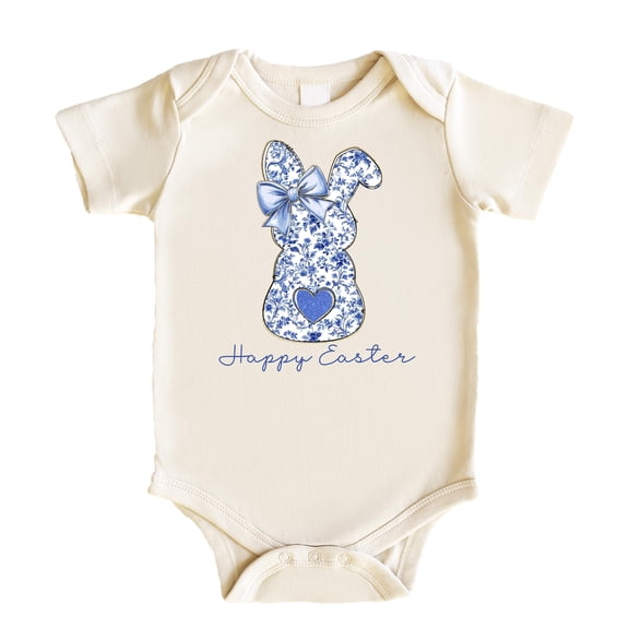 Happy Easter Bodysuit for Baby Girls Blue Floral Chinoiserie Spring Bunny One-Piece for Babies Natural Bodysuit Newborn