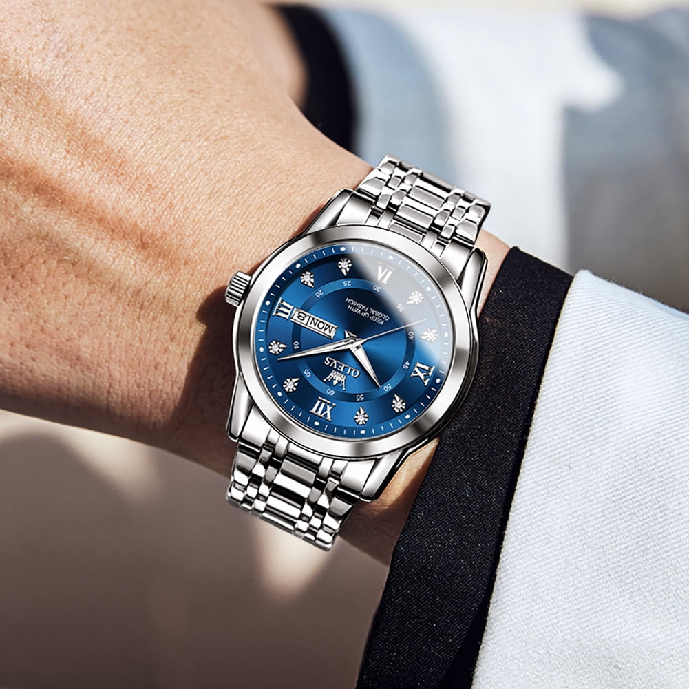 OLEVS Watches For Men Diamond Business Dress Luxury Casual Analog Quartz Stainless Steel Waterproof Luminous Date Men Wrist Watches Reloj Para Hombre Blue Dial