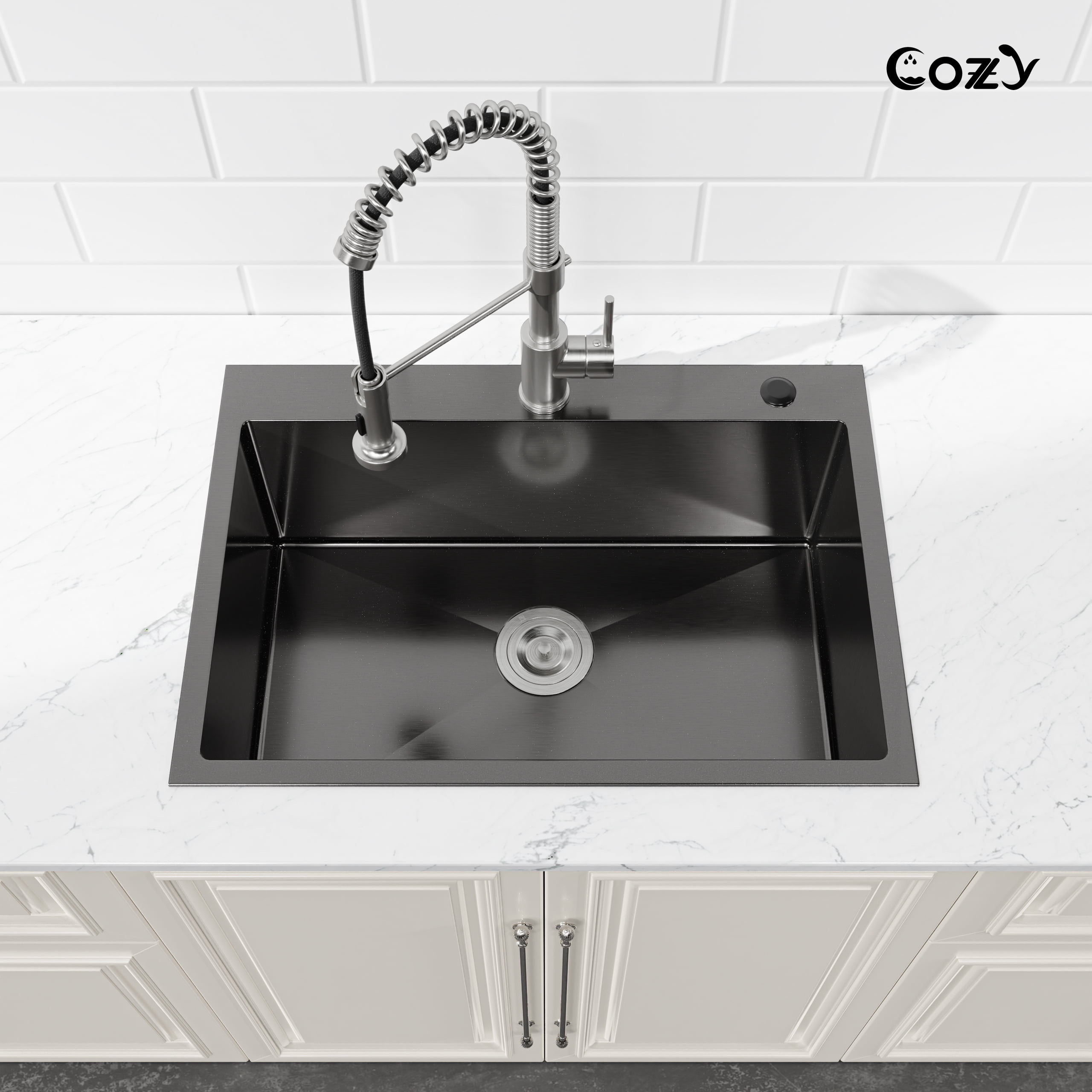 Stainless Steel Kitchen Sink, 27″x19″ Single Bowl, Overmount Handmade Sink in Black, with US Standard Drain and Hook, SS-BL02D-271908-2