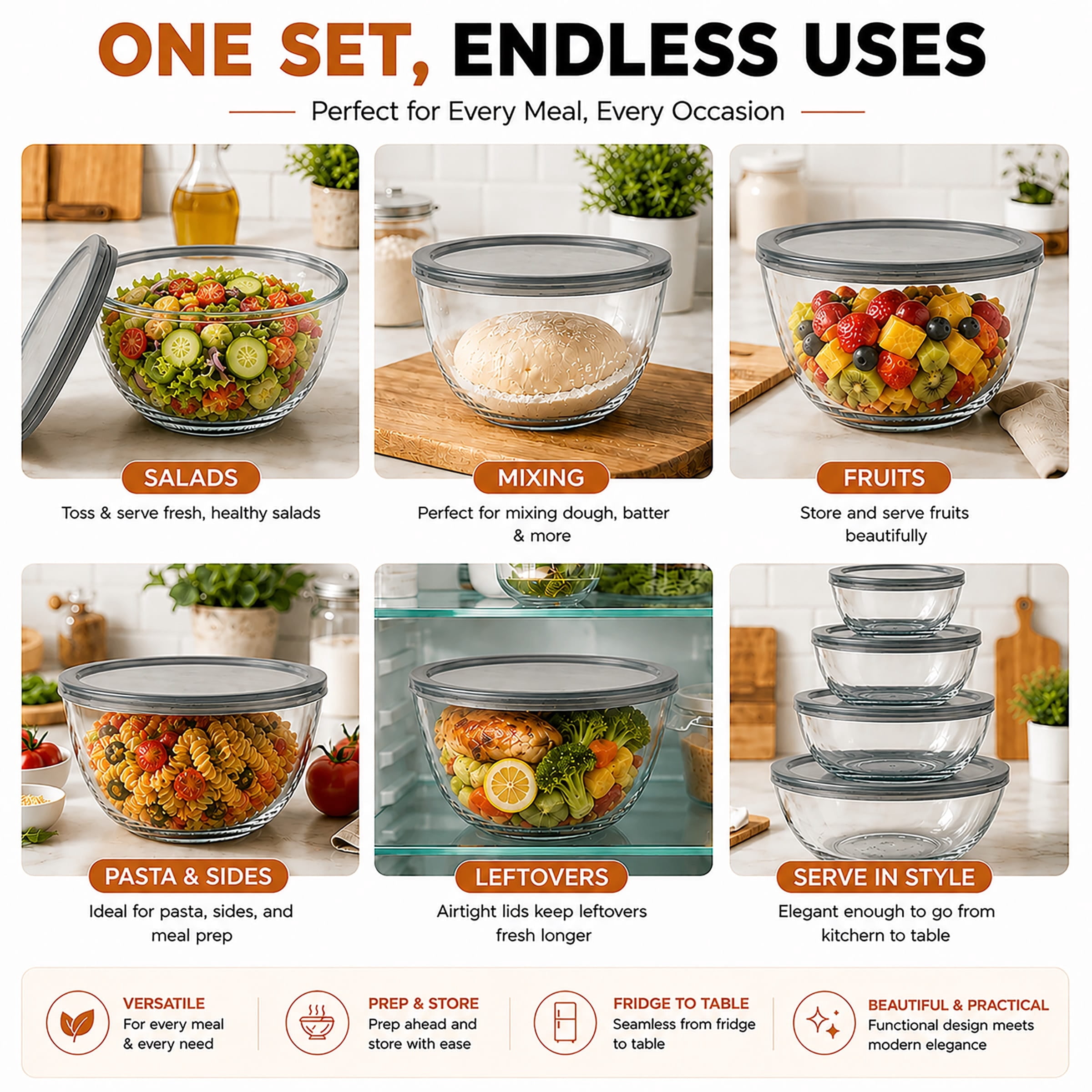 Sorbus 4-Piece Diamond Textured Glass Mixing Bowl Set with Lids, Assorted Sizes, BPA-Free