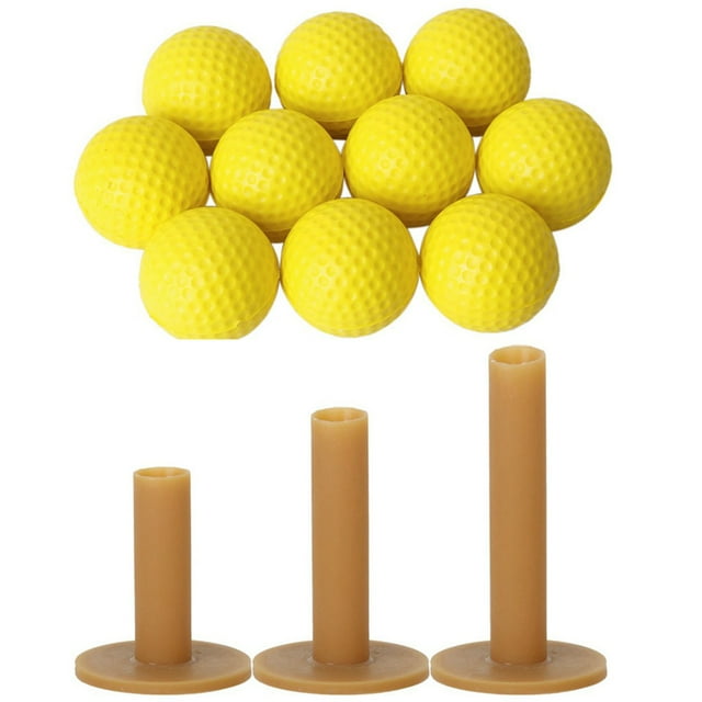 10Pcs Yellow Soft Elastic Indoor Practice PU Golf Ball & 3x Golf Tees Coffee Durable Tee Driving Range 60/ 70/ 80 mm