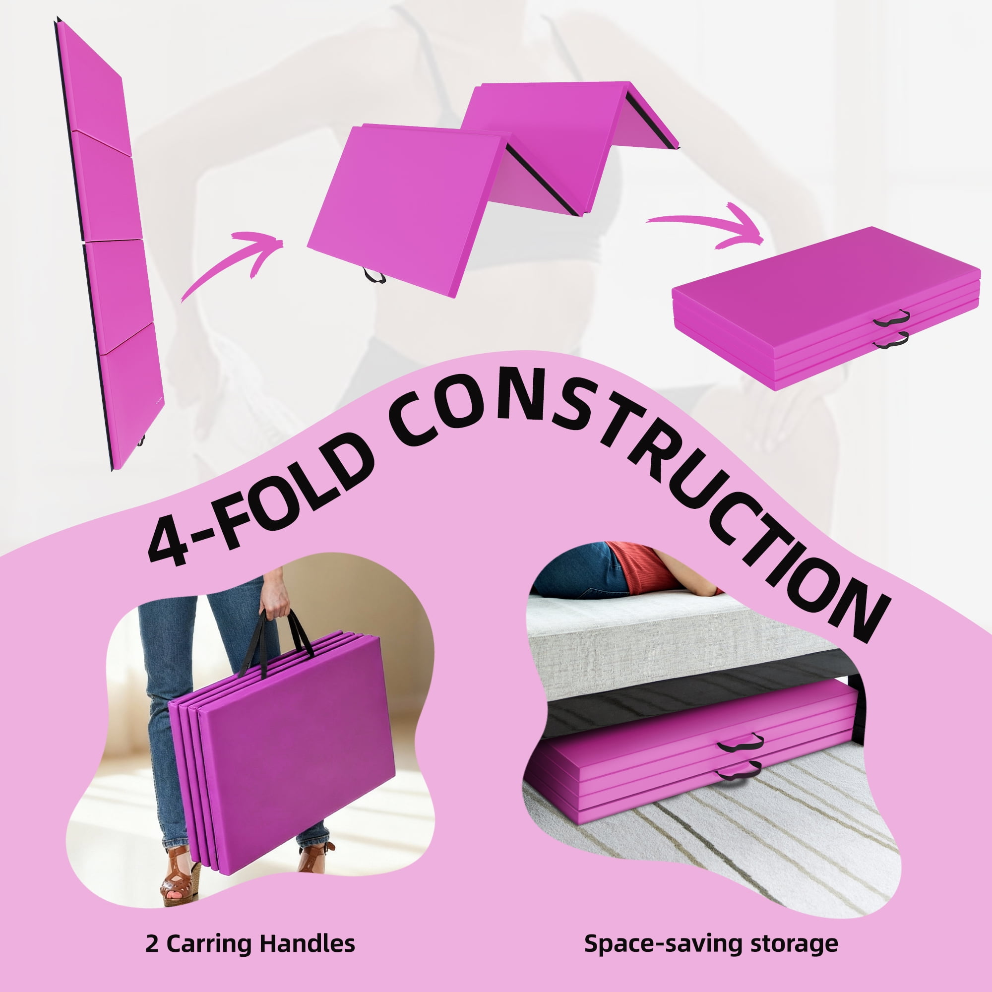 Signature Fitness 4ft x 10ft x 2in Folding Gymnastics Mat, Extra Large 4-Panel Exercise Mat for Tumbling, Stretching, Yoga, Cheerleading, Home Gym, PVC Leather + EPE Foam, Multiple Colors