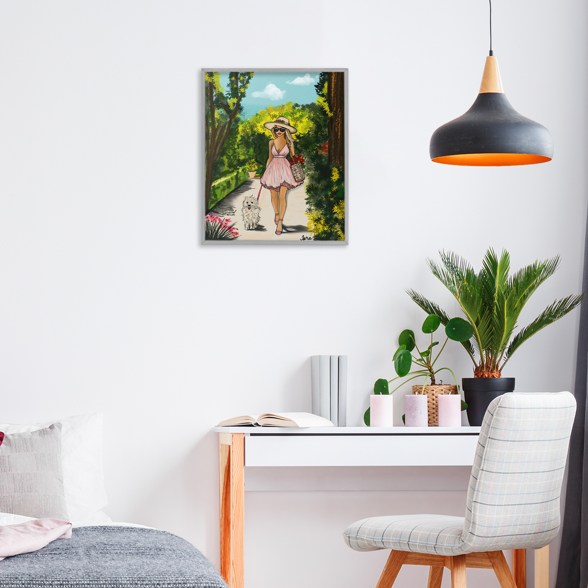 Stupell Industries Garden Girl Strolling with Pup Gray Framed Giclee Art, design by Tara Boone