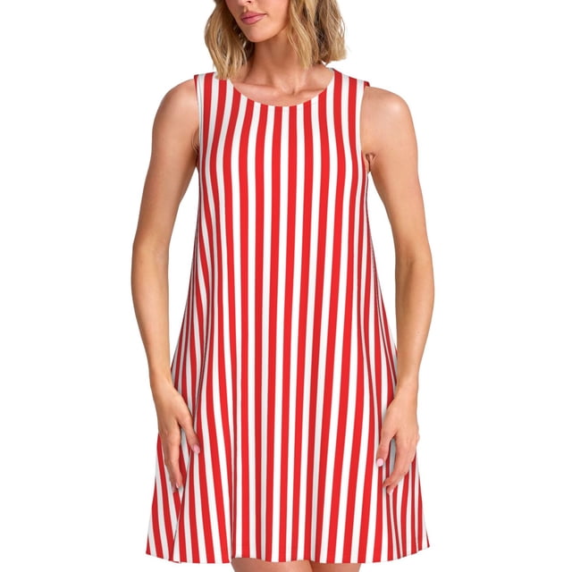 Fotbe Red And White Stripes Vestido de Verano sin Mangas para Mujer – Vestido Midi Línea A, Estilo Camiseta Floral, Vestido Playero Casual y Fluido
