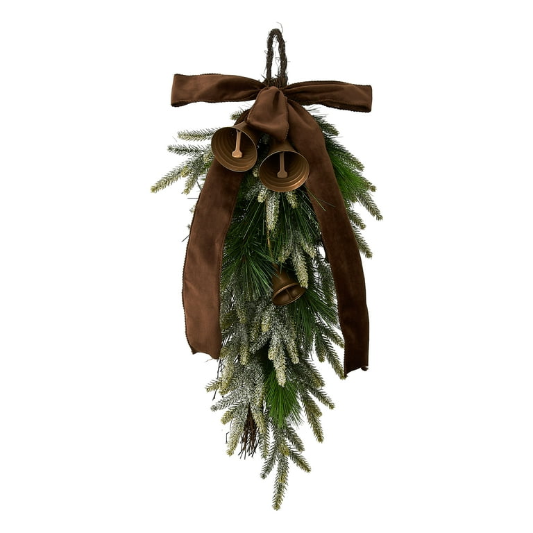Bells, Bow, and Greenery Decorative Christmas Door Swag, Green and Brown, 28", by Holiday Time