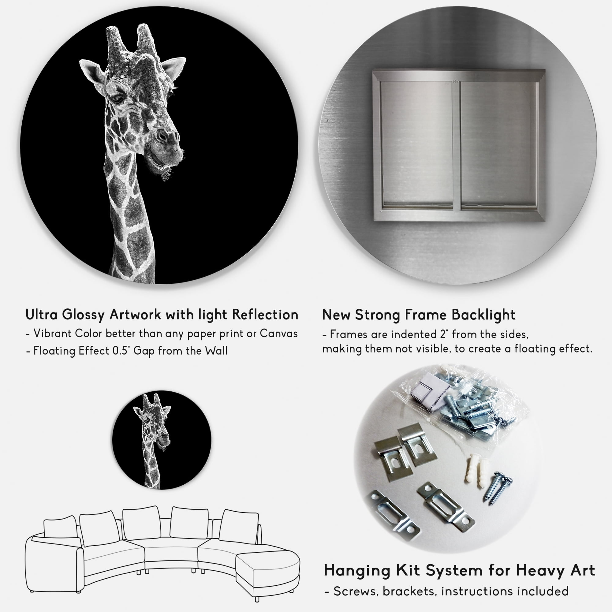Designart 'Close Up Portrait Of A Giraffe On Black II' Farmhouse Circle Metal Wall Art 11x11 - Disc of 11