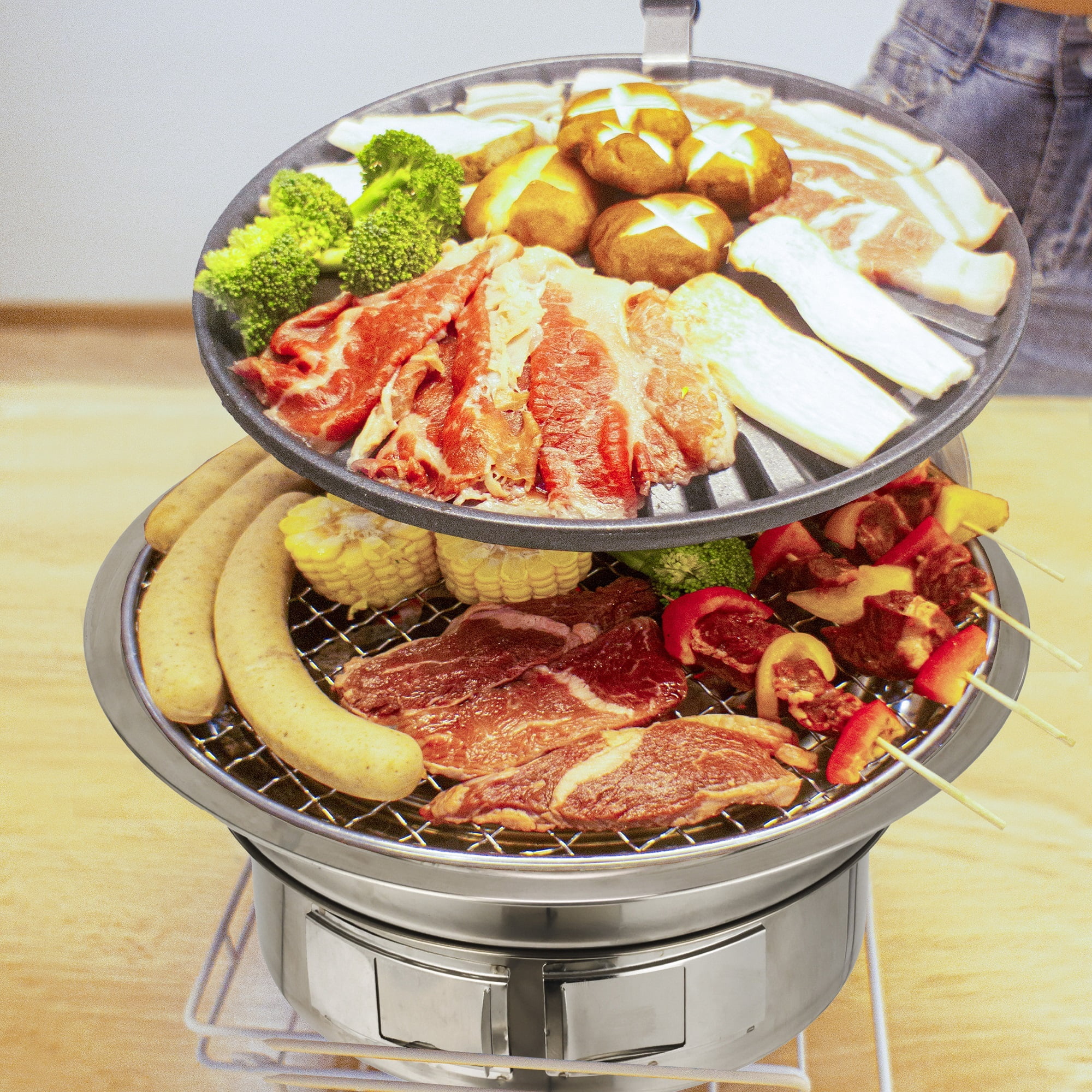Charcoal Barbecue Grill, 13.7 Inches Non-Stick Korean BBQ Grill, Portable Stainless Steel Charcoal Stove for Home Party Outdoor Camping