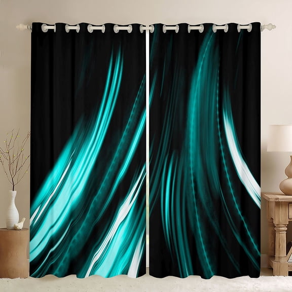 Manfei Neon Light Stripes Blackout Curtains Set of 2 (52x84 Each), Abstract Wavy Line Curtain, Teal Black