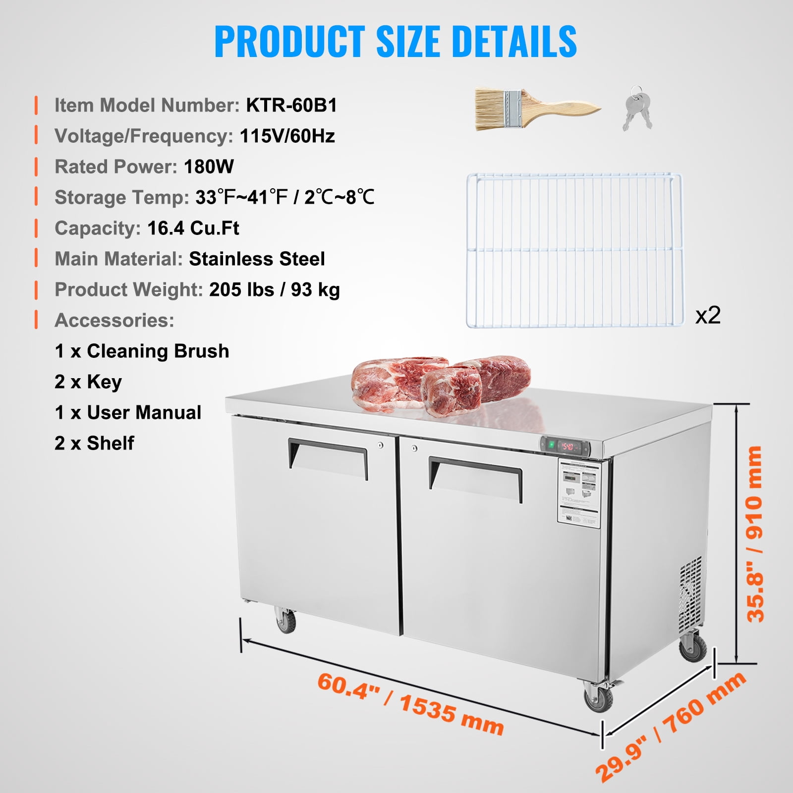 KFFKFF 60" Professional Fridge for Sandwich & Salad Preparation, 16.4 Cu. Ft Stainless Steel Chilled Food Preparation Area with Dual Doors, Defrosting Refrigerator with Lock for Eatery, Pub, Shop