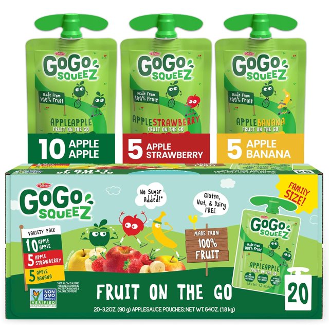 Applesauce and Fruit Puree Variety Pack, Apple, Banana & Strawberry, 3.2 oz (Pack of 20), Unsweetened Fruit Snacks for Kids, Gluten Free, Nut Free and Dairy Free, BPA Free Pouches