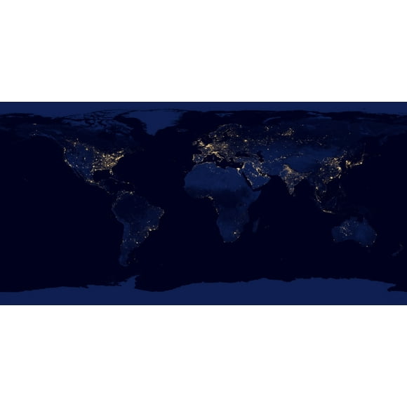 Flat map of Earth showing city lights of world at night Poster Print (8 x 10)