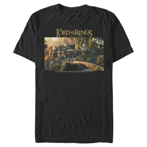 Men's The Lord of the Rings Two Towers Rivendell Scene Graphic Tee Black Large