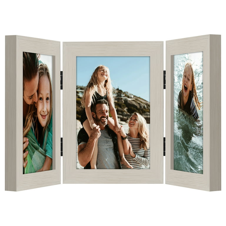 Americanflat Hinged 3 Photo Frame in Light Wood MDF - Desk Photo Frame for  4X6 Photos - Tri Folding Picture Frame For Desk - Displays 3 Photos with