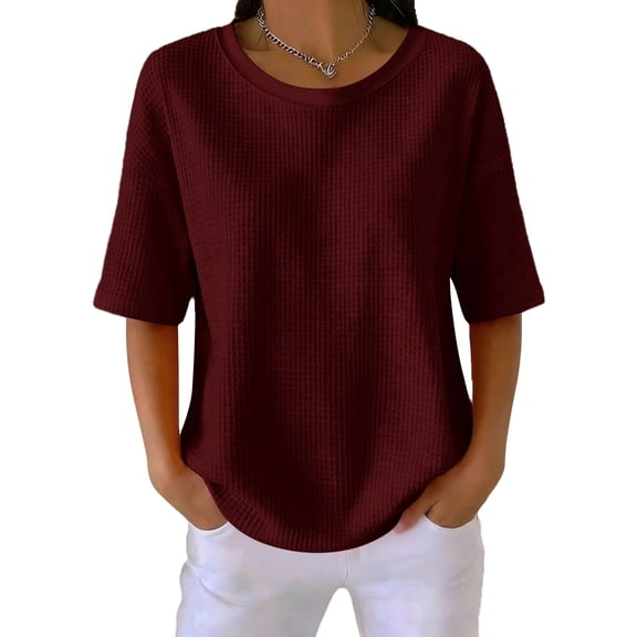 Elbow Length Tops Women Dressy Waffle Knit Crew Neck T Shirts Trendy Summer Loose Cute Blouses Half Sleeve Basic Tees Wine L