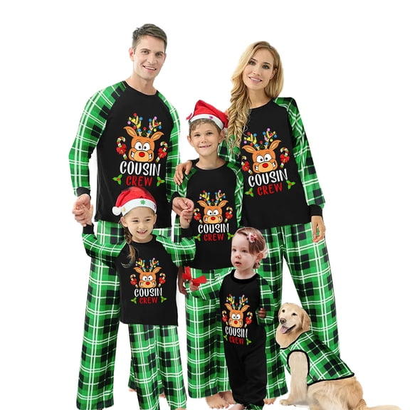 Christmas Family Pajamas Matching Set Letter Elk Print Long Sleeve Tops and Plaid Pants Sleepwear