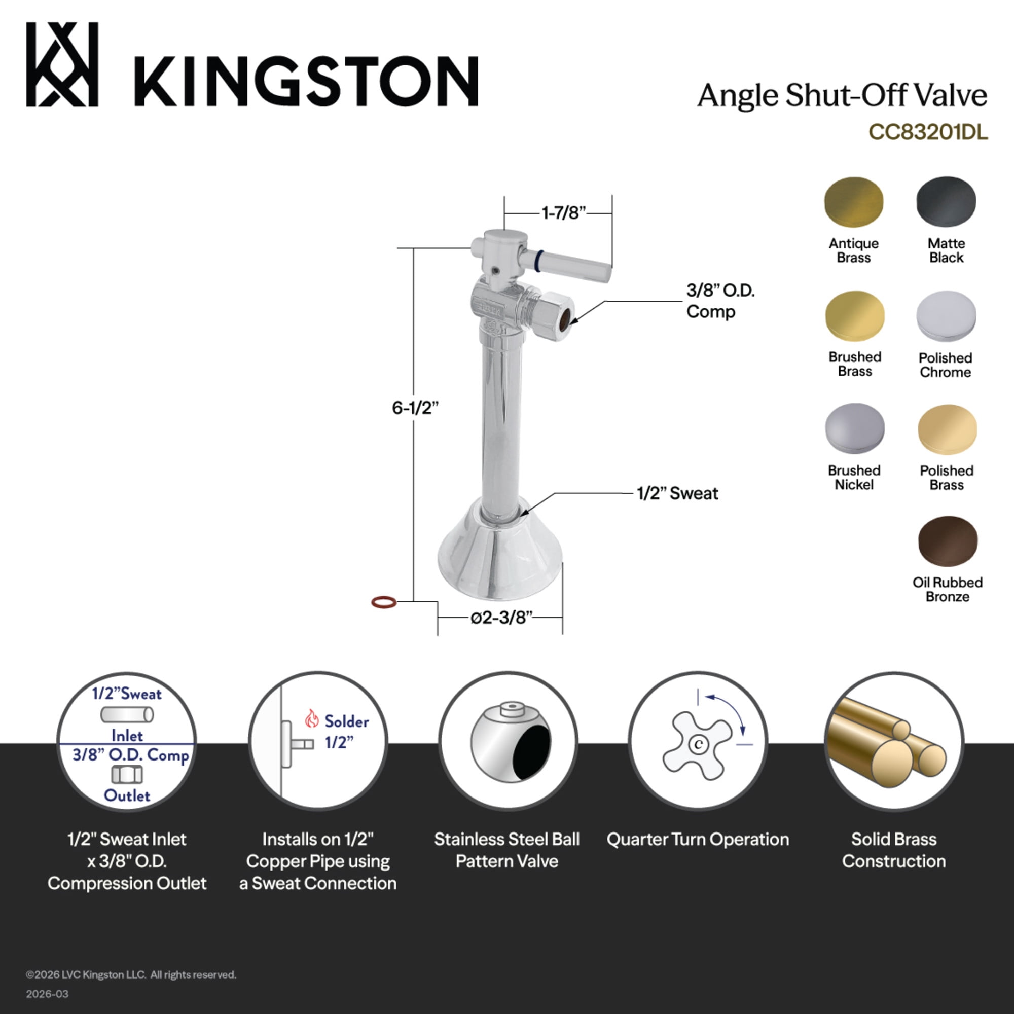 Kingston Brass CC83202DL 1/2-Inch Sweat x 3/8-Inch O.D. Comp Angle Shut-Off Valve with 5-Inch Extension in Polished Brass