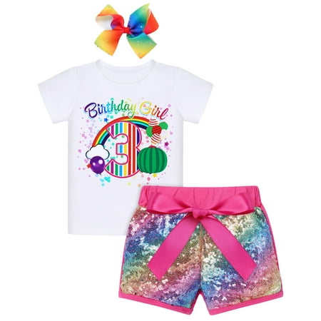 

FYMNSI Toddler Kids Girls 3rd Third Birthday Cake Smash Outfit Rainbow Watermelon Three Years Old Party Short Sleeve T-shirt Sequin Shorts Bowknot Hair Clip Set Summer Clothes 3 Years Hot Pink