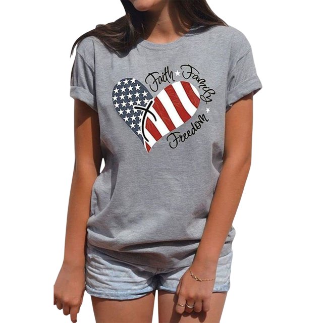 Camiseta De Moda De Verano Camisa de la bandera americana femenina Traje de calle de manga corta con cuello redondo (Gris XXL) Cgtredaw Para estrenar