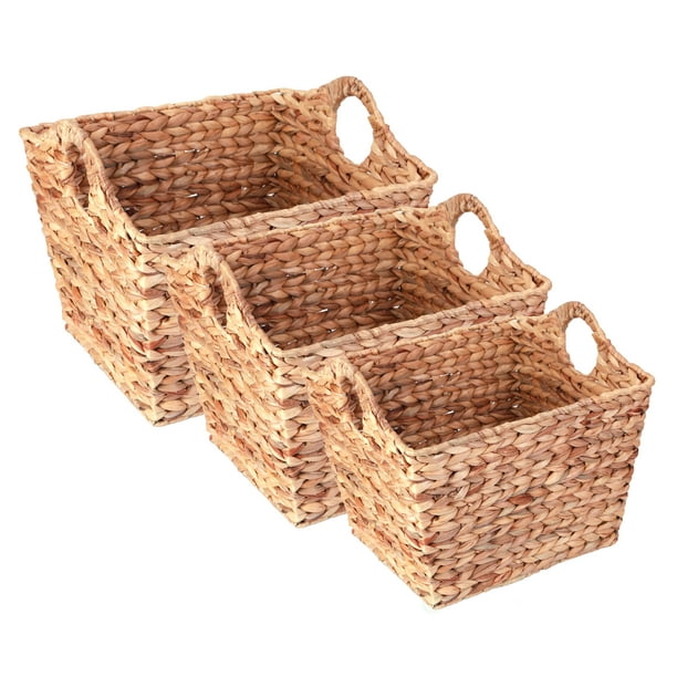 Water Hyacinth Rectangular Wicker Storage Baskets with Cutout Handles