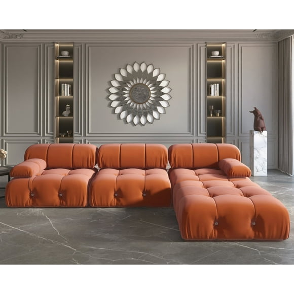 bokifol 104"L Shaped Modular Sectional Sofa with Ottoman,4-Seat Suede Sofa with Armrest for Living Room,Bedroom and Apartment,Orange