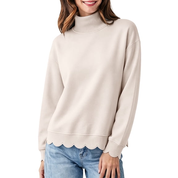 HOSIA Women's Turtleneck Sweatshirt Scalloped Hem Long Sleeve Pullover Loose Fit Flattering Casual No Hood Sweatshirt Plus Size Plain Outfits Oversized Trendy Fall Winter Tunic Tops Beige L