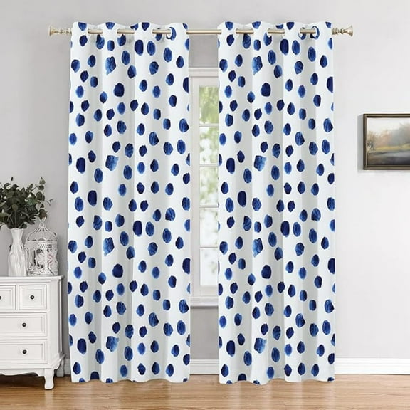 Blue White Solid Dot Bedroom Curtains,White Blackout Polyester Grommet Window Treatment Drapes For Living Room 26"W x 54"L (Pack of 2)