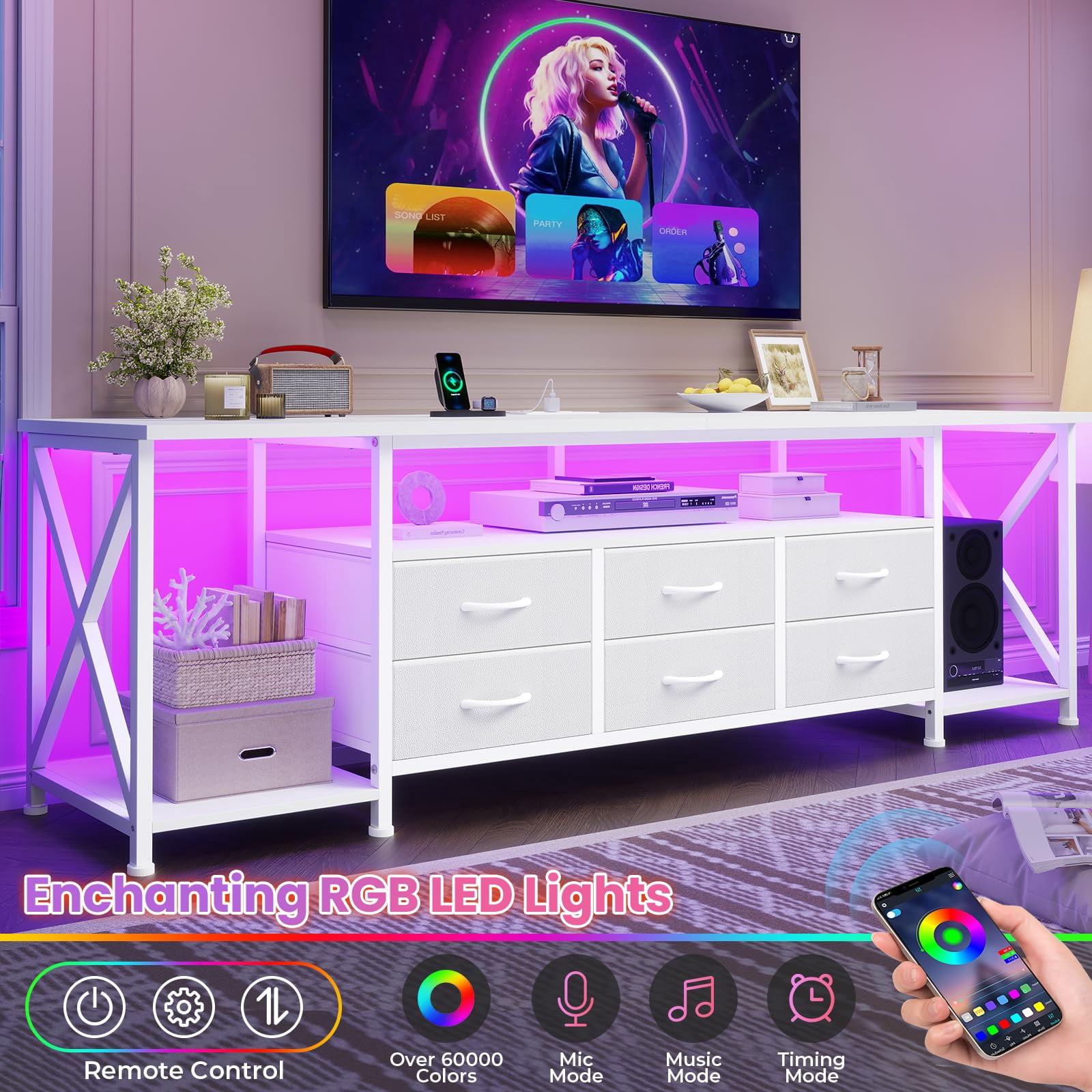 Afuhokles 63" TV Stand for 80 Inches TV, Entertainment Center with LED Lights and Power Outlets, 6 Fabric Drawers, White