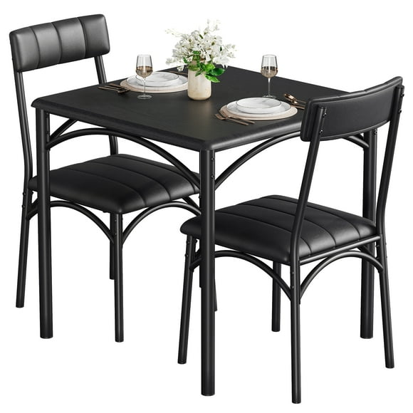 COZONY Dining Table Set for 3 , Kitchen Table Set with 2 Upholstered Chairs, Square Dining Table for Kitchen, Small Space, Apartment, Home, Studio, Black