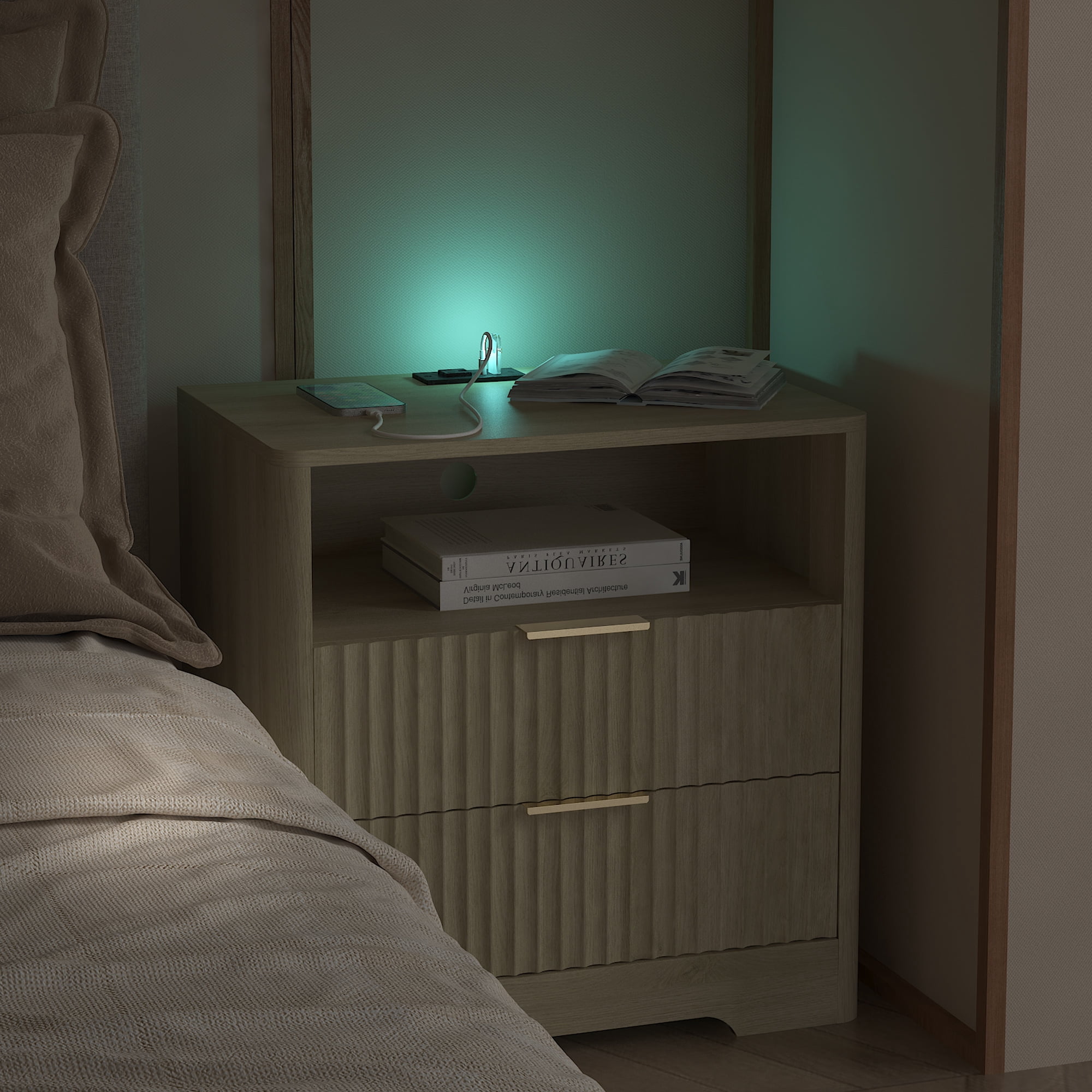Aukfa Smart 2 Drawer Nightstand with Voice Control & Charging Station,7-Color LED Bedside Table for Bedroom,Natural