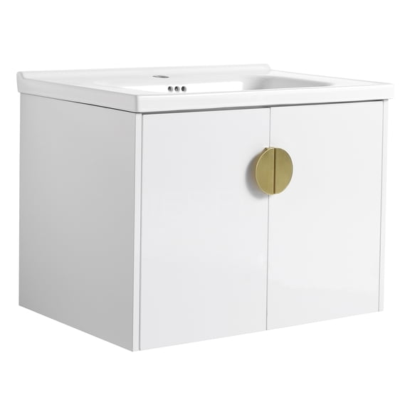 JERFIT 28" Modern Gloss White Wall Mount Bathroom Vanity with Ceramic Sink, Soft Close Doors, Space Saving Storage Cabinet for Small Bathroom