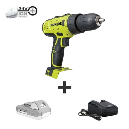 Sun Joe 24V-DD-LTE 24-Volt iON+ Cordless Drill Driver Kit | W/ 2.0-Ah Battery and Charger