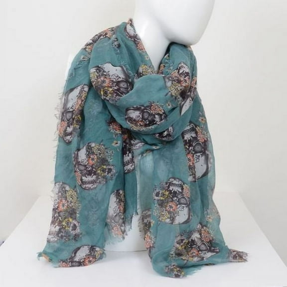 HUGE! 45" X 74" Skull Scarf Green Floral Skeleton Shawl Soft, Lightweight