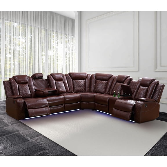 Power Recliner Sofa Sectional Couches with LED Light for Living Room,Leather Reclining Corner Sectional Sofa with 2 Recliner Seats,Cup Holder,Storage Console for Home Theater Seating, Wine