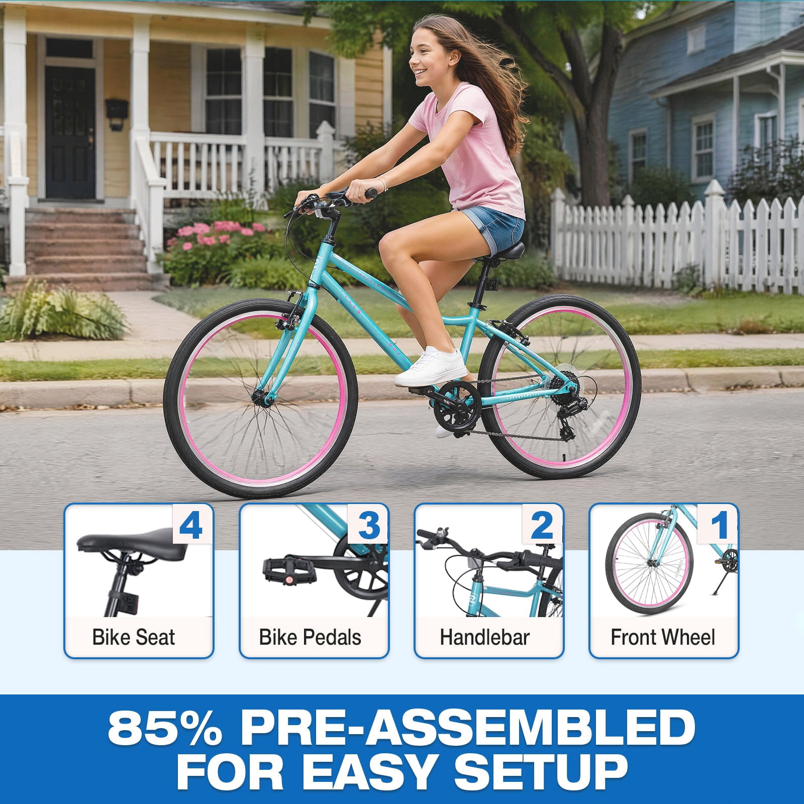 Hykolity 24 Inch Kids Mountain Bike Boys Girls Youth Bicycle For Teen Ages 14+ Children Bikes With Adjustable Seat Front Hand Brake Rear Coaster Brake Reflector, Blue