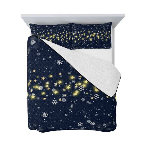Twin Quilt Bedding Set, Christmas Snowflakes Stars Soft Microfiber Summer Bedspread Coverlet with 2 Pillow Shams for All Season, Vintage Navy Blue Breathable Bedding Set for Hot Sleepers