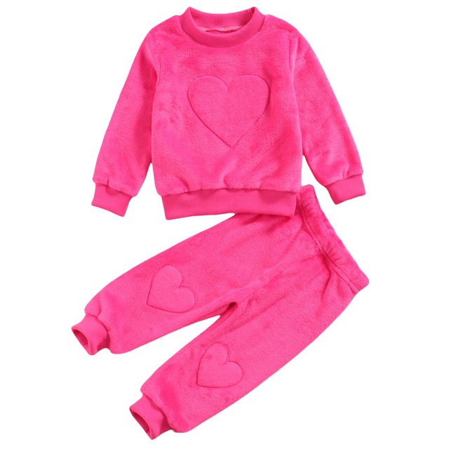 Xingqing 2PCS Toddler Infant Baby Kids Girls Flannel Solid Color Heart Pattern O-Neck T-Shirt Long Pants