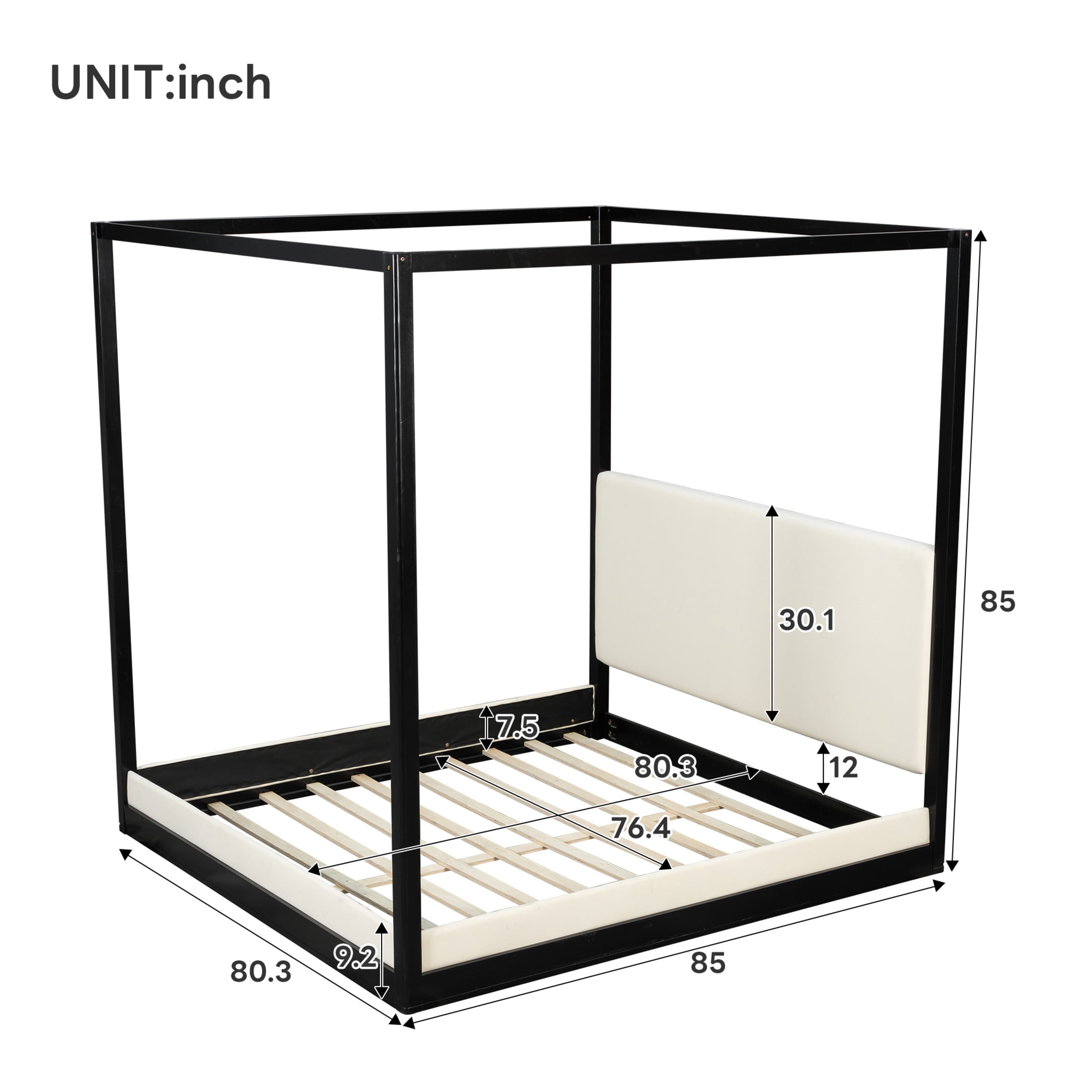 Christopher Knight Home King Canopy Platform Bed, Wood Frame with White Upholstered Headboard, Black