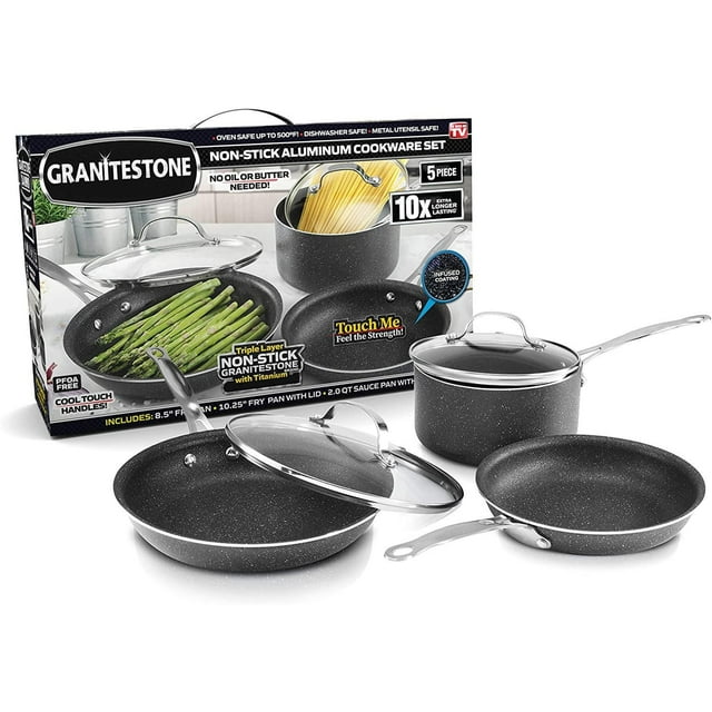 GraniteStone 5-Piece Nonstick Cookware Set, Scratch-Resistant, Granite-coated Anodized Aluminum, Dishwasher-Safe, PFOA-Free As Seen On TV