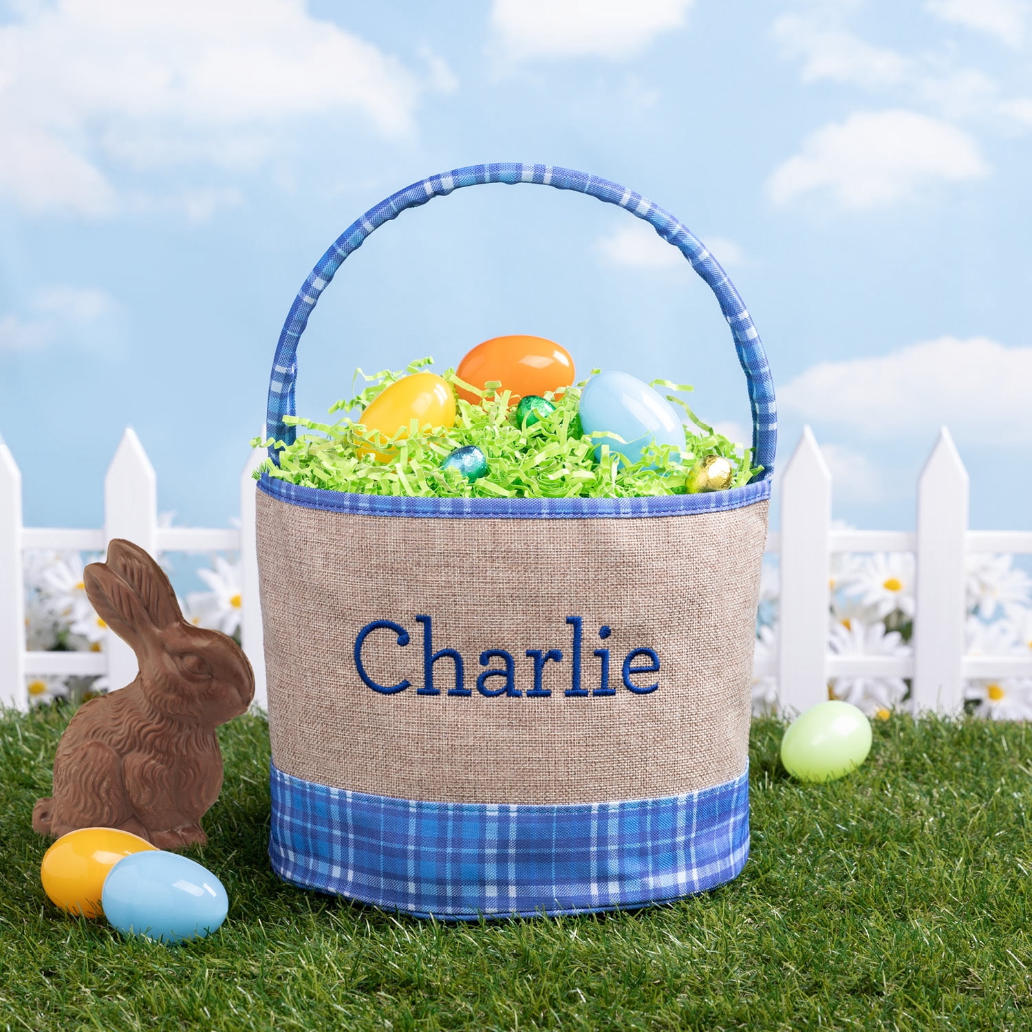 Personalized Blue Plaid Burlap Easter Bucket Bag with Custom Name Embroidery, Blue Letters