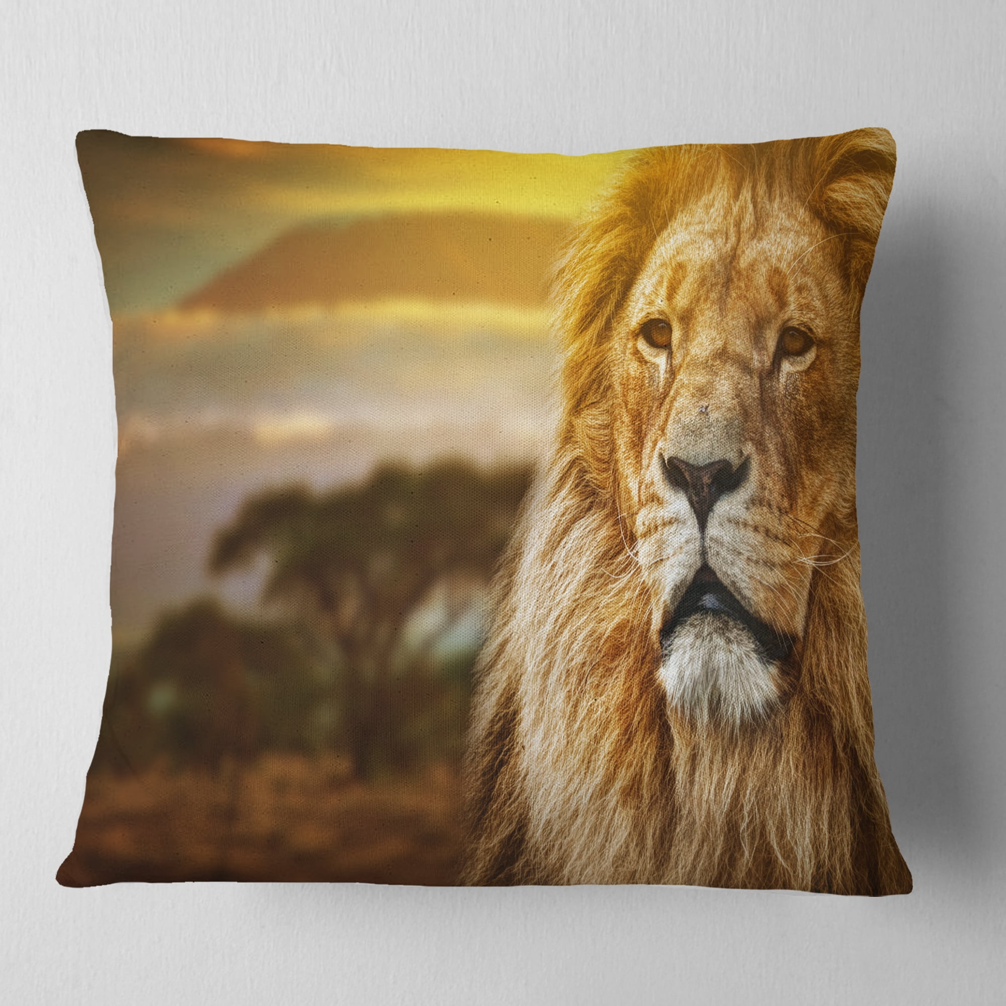 Designart Lion and Mount Kilimanjaro - Animal Throw Pillow - 18x18