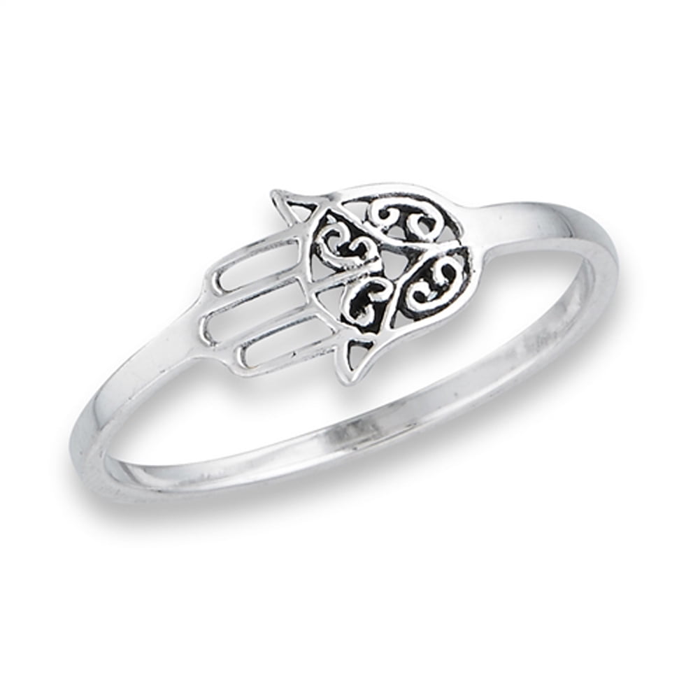 Oxidized Filigree Hamsa Hand of God Ring Sterling Silver Sideways Band